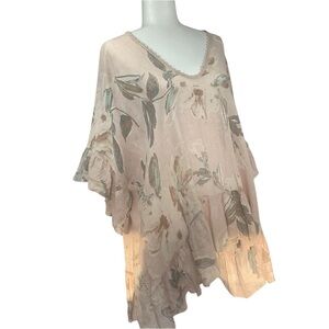 Angela Mara Linen Tunic V-neck Made in Italy Palest Pink Sage Floral Relaxed OS